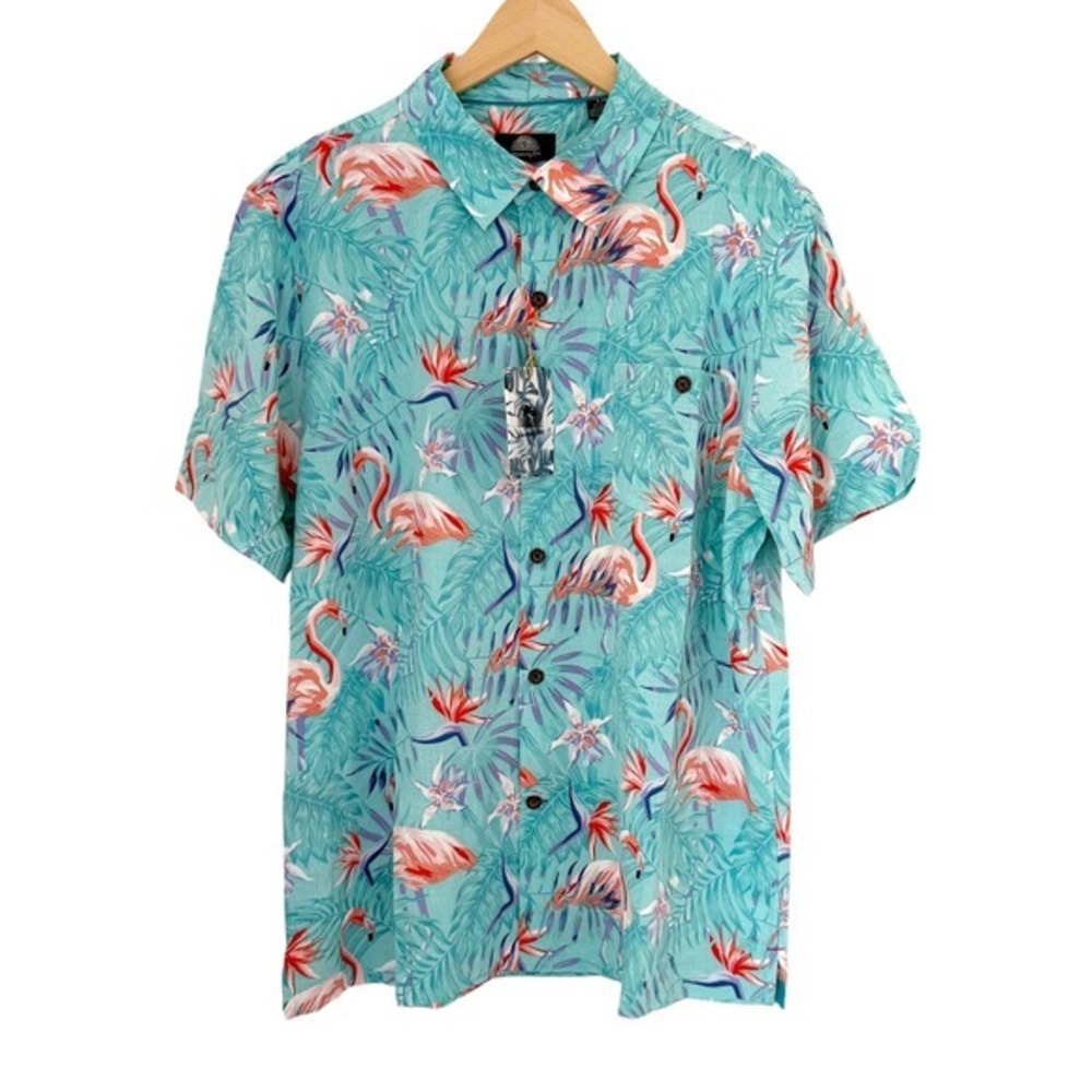 NWT Havana Jim Aqua Flamingo Tropical Print Button‎ Down Shirt Men's Size L